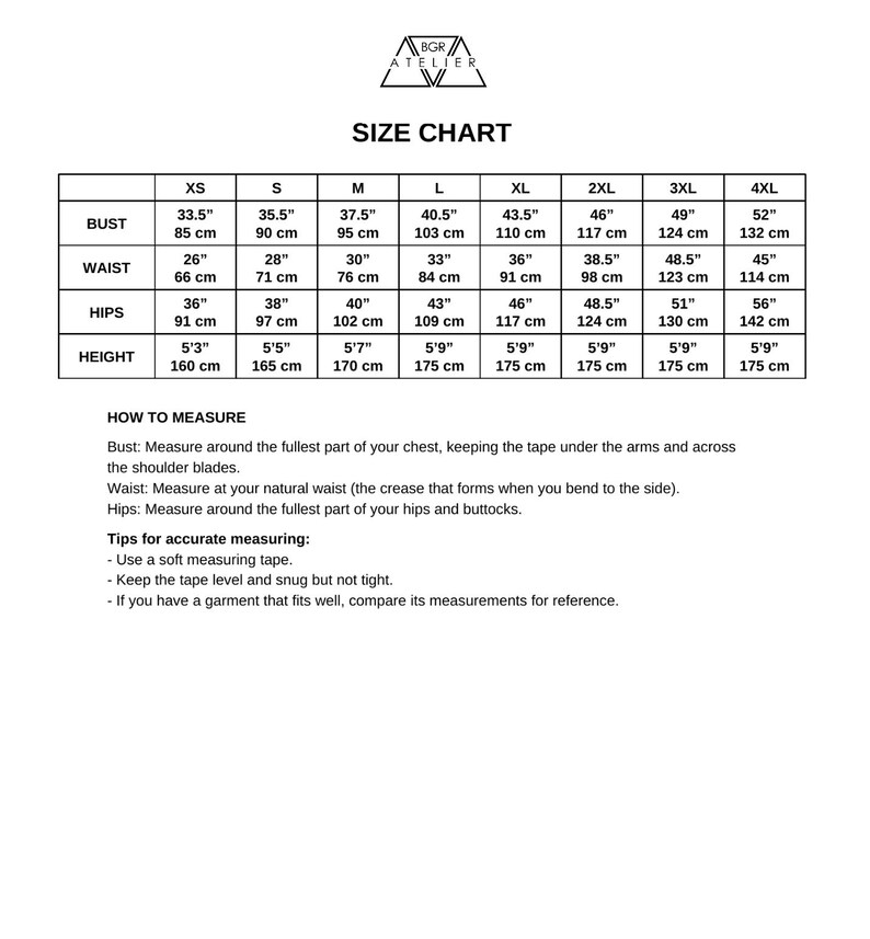 The image is a size chart that provides measurements for bust, waist, hips, and height. It includes bust, waist, hips, and height measurements for both XS and S, M, and XL sizes. The chart also provides tips for accurate measurements and suggests using a soft measuring tape to ensure proper fit.