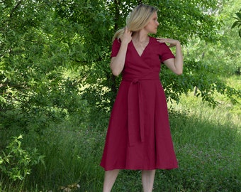 Bordeaux Linen Wrap Dress • Summer Linen Dress For Women • Organic Linen Wrap Dress • Gift For Wife • Short Sleeve Romantic Linen Dress