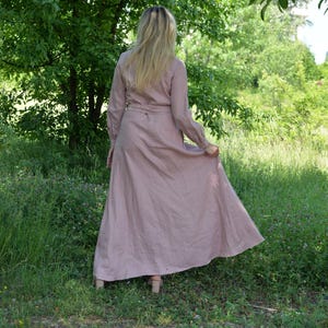 Dusty Rose Linen Dress, Maxi Linen Dress,  Long Sleeves Linen Dress,  Wrap Dress Dress, Summer Linen Dress With Pockets, Boho Wedding Dress