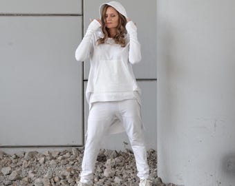 White Hoodie and Jogger Set for Women, Oversized Two Piece Activewear Set, Plus Size Matching Sweatsuit, Minimalist Lounge Wear Tracksuit