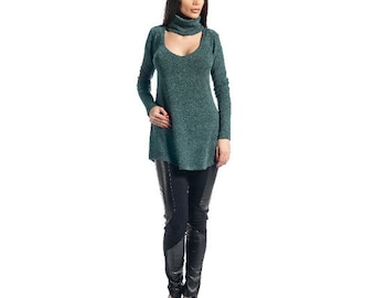 Plus Size Knit Sweater • Green Pullover • Steampunk Sweater • Turtleneck Knit Sweater • Knit Sweater Tunic • Knit Winter Top For Women's