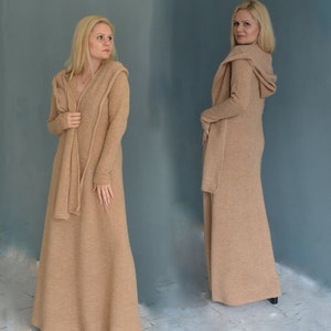 Maxi Sweater Dress, Winter Maxi Dress, Knitted Winter Dress, Hooded Sweatshirt Dress, Caramel Sweater Dress, Plus Size Winter Knit Dress