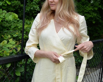 Linen Wrap Maxi Dress, Yellow Summer Dress, Boho Linen Dress, Plus Size Dress, Custom Size Dress, Handmade Linen Clothing