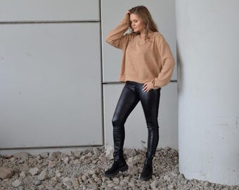 Karamell Strickoberteil, Übergroßer Strickpullover, Strickpullover Pullover, Plus Size Pullover, Steampunk Pullover, Asymmetrisches Top, Minimalistische Kleidung