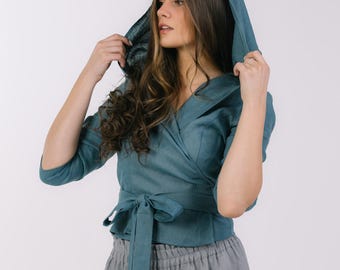 Linen Wrap Top With Hood, Blue Linen Wrap Top, Linen Wrap Blouse, Linen Top Women, Wrap Linen Shirt , Wrap Linen Tunic, Plus Size Top