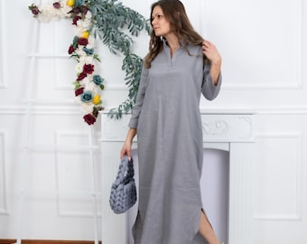 Grey Linen Maxi Dress With Long Sleeves And Pockets For Women