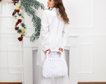 Handgefertigte Weiße Grobstrick Tasche, Weiche Wolle Häkeln Schultertasche, Gemütliche und Stilvolle Marshmallow Stricken Geldbörse für den täglichen Gebrauch