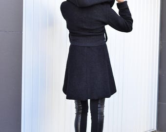Black Hooded Cardigan With Belt • Plus Size Cardigan • Winter Cardigan Coat • Asymmetrical Coat • Gothic Clothing