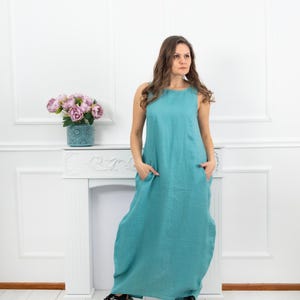Maxi Linen Dress, Turquoise Linen Dress WithPockets, Bubble Maxi Dress, Linen Dress For Women, Oversized Linen Dress,Sleeveless Linen Dress