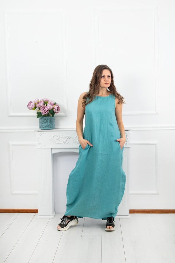 Maxi Linen Dress, Turquoise Linen Dress Withpockets, Bubble Maxi Dress, Linen  Dress for Women, Oversized Linen Dress,sleeveless Linen Dress - Etsy
