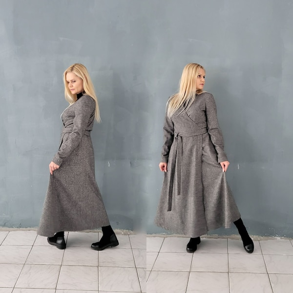 Wool Wrap Dress, Grey Maxi Wool Dress, Formal Woolen Dress, Long Sleeves Dress, Plus Size Dress, Wrap Winter Dress, Christmas Wool Dress