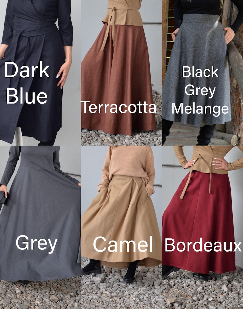 K&ouml;nnte beinhalten: Eine Auswahl an langen R&ouml;cken in verschiedenen Farben, darunter Dunkelblau, Terrakotta, Schwarz-Grau-Melange, Grau, Kamel und Bordeaux. Jeder Rock hat ein einzigartiges Design, einige mit Wickelstil und andere mit Taschen. Die Farben sind auf jedem Rock angegeben.