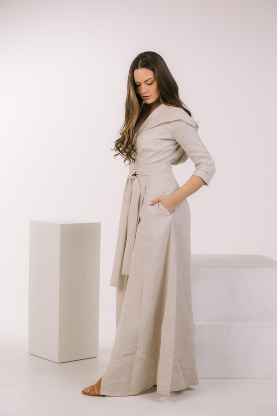 3/4 sleeve maxi summer dresses Linen 3/4 Sleeve Maxi Wrap Dress With Hood and Pockets: Summer Plus Size  Clothing XS–4XL