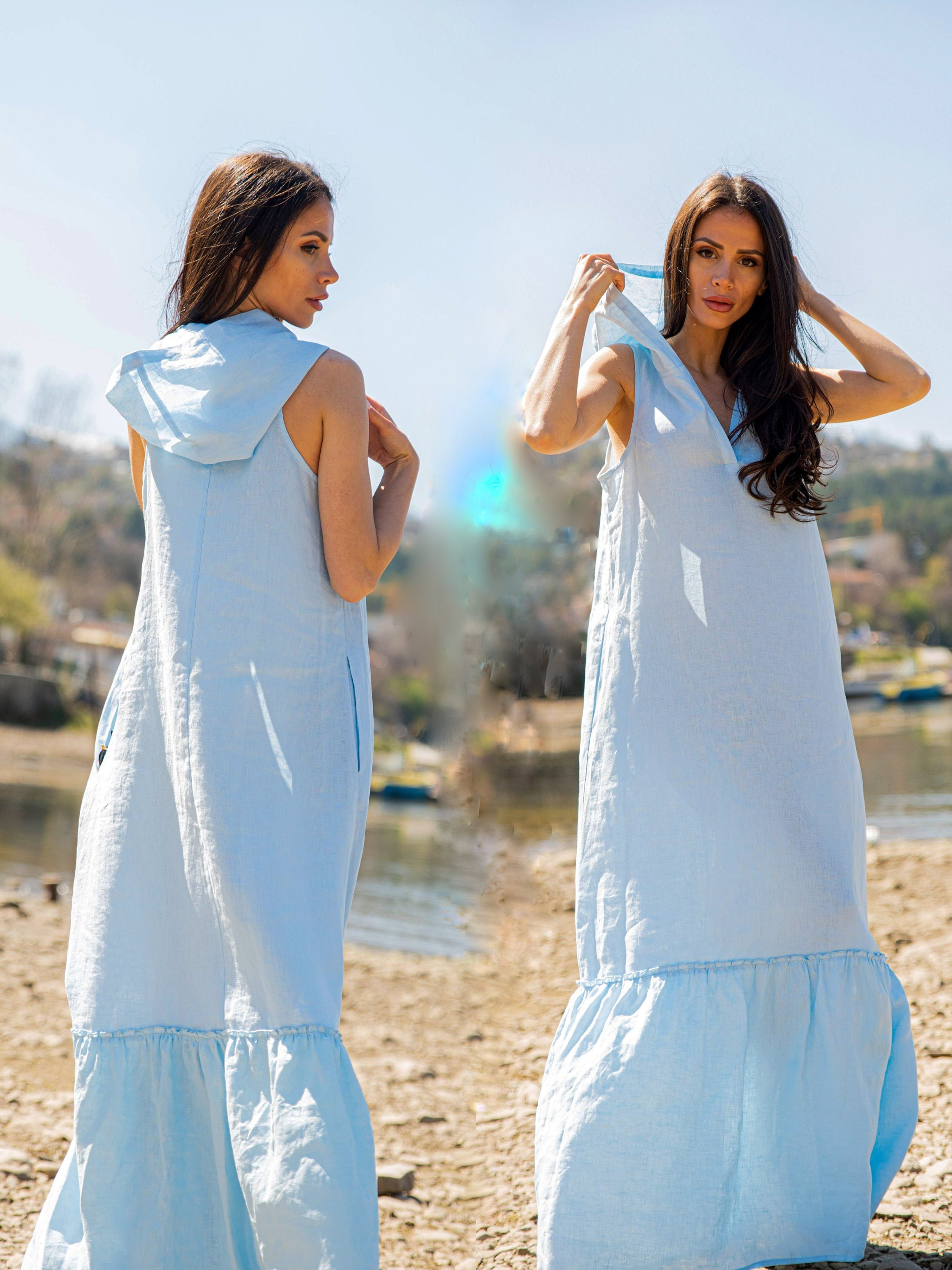 Sleeveless Loose Linen Dress Blue Summer Linen Hooded Dress - Etsy