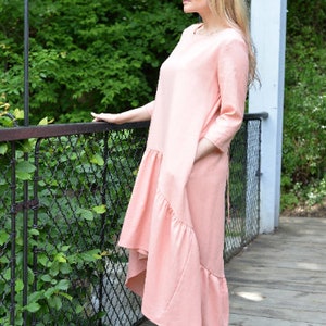 Maxi Linen Dress, Interesting Dress, Asymmetric Loose Maxi Dress, Linen Viscose Dress, Casual Comfy 4/3 Sleeve Dress