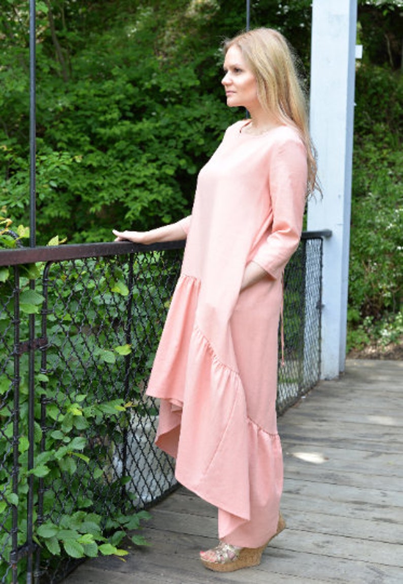 Maxi Linen Dress, Interesting Dress, Asymmetric Loose Maxi Dress, Linen Viscose Dress, Casual Comfy 4/3 Sleeve Dress