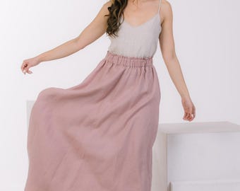 READY TO SHIP, Dusty Rose Linen Maxi Skirt, Elastic Waist, Pockets, High Waisted Summer Casual