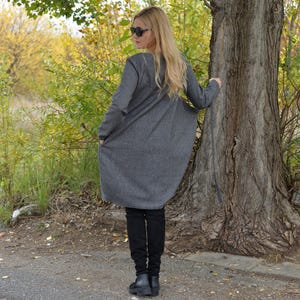 Warm Winter Dress, Grey Wool Long Sleeves Dress, Wool Cocoon Wrap Dress, Knee Length Maternity Dress, Plus Size Winter Wrap Dress