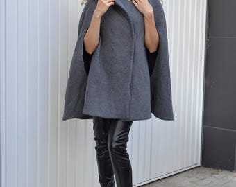 Wool Cape Coat Hooded • Grey Winter Poncho • Woman's Hooded Cape Coat • Wool Cape • Winter Jacket • Wool Jacket • Wool Hooded Cloak