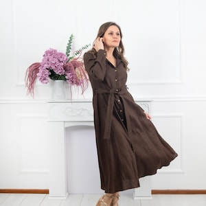 Brown Linen Shirt Dress, Linen Shirt Dress for Women, Long Sleeve Boho Dress, Long Button Down Dress, Collared Linen Dress With Pockets