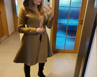 Camel Coat Women, Princess Single Breast Coat, Winter Outwear, Camel Hooded Midi Winter Coat, Winter Wool Coat, Plus Size Winter Clothing