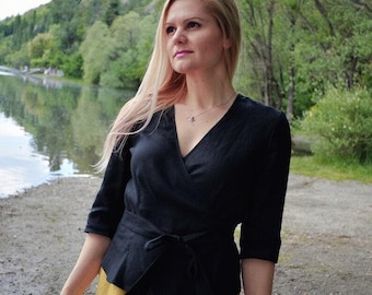 Black Linen Top, Linen Wrap Top, Feminine Linen Top, Wrap Linen Tunic, Linen Wrap Blouse, Summer Linen Top, Elegant Linen Top, Plus Size Top
