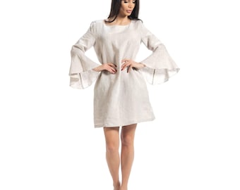 Pink Linen Wedding Guest Dress for Women – Romantic Long Sleeve Boho Midi Dress with Pockets, Plus Size Bridesmaid Outfit