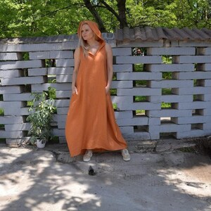 Bubble Maxi Dress, Orange Linen Dress, Summer Maxi Dress, Hooded Linen  Dress, Sleeveless Linen Dress, Linen Dresses For Women