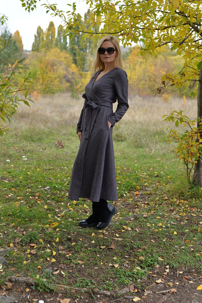 grey dress
gray wrap dress
knit wrap dress
silver wrap dress
wool dresses for winter
grey wrap dress with sleeves