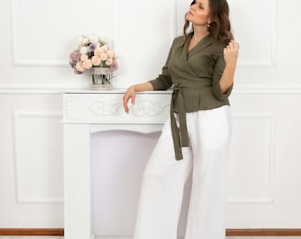Military Linen Top With Shawl Collar, Linen Wrap Top, Summer Linen Tunic, Sleeve Linen Top, Linen Blouse, Summer Linen Top, Linen Top