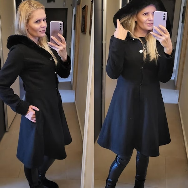 Manteau d’hiver Midi à capuche, manteau en laine noire d’hiver avec fourrure écologique amovible sur la capuche, manteau princesse à poitrine unique avec poches