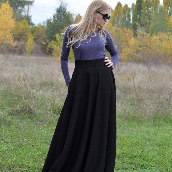 Maxi hoge taille rok, wollen maxi rok lang, plus size kleding, winter hoge taille Victoriaanse rok, minimalistische formele rok, flare rok