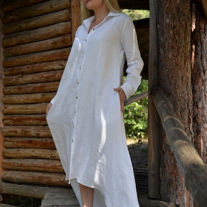 White Linen Shirt Dress, Oversized Linen Dress, Asymmetric Linen Dress, Long Sleeve Linen Dress, Long Linen Dress, Linen Abaya With Buttons