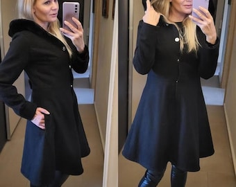 Hooded Midi Winter Coat , Black Wool Coat Winter With Removable Eco Fur On The Hood, Princess Single Breast Coat With Pockets