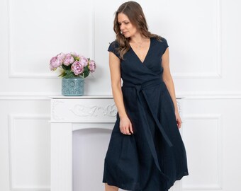 Vestido midi de lino con mangas cortas para mujer