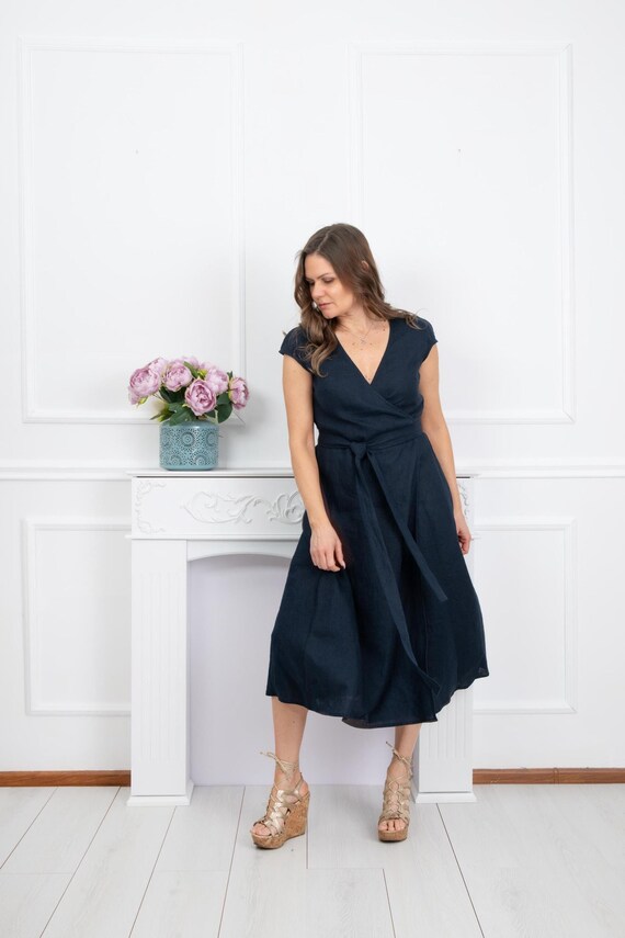 womens blue linen dress Night Blue Linen Dress - Linen Wrap Dress for Women - Linen Midi Dress - Summer Dress with Pockets main image 1
