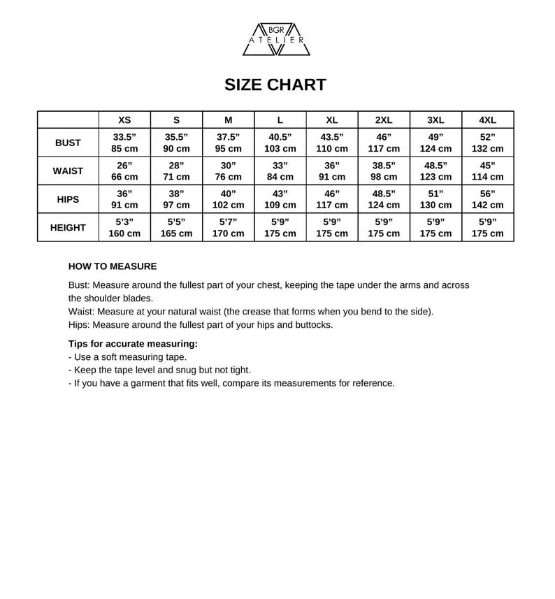 The image is a size chart that provides measurements for bust, waist, hips, and height. It includes bust, waist, hips, and height measurements for both XS and S, M, and XL sizes. The chart also provides tips for accurate measurements and suggests using a soft measuring tape to ensure proper fit.