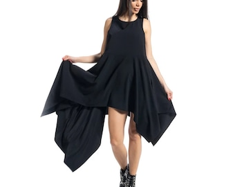 Asymmetric Tunic Dress, Black Tunic Gothic Dress, Tunic With Leather Belt, Sexy Dress Set, Plus Size Clothing, Black Long Top, Tunic Tops