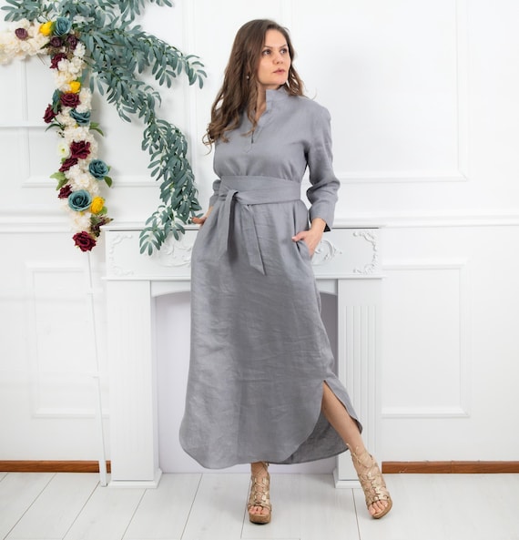 Handmade Grey Linen Maxi Dress with Pockets and Obi Belt Handmade Grey Linen Maxi Dress with Pockets and Obi Belt