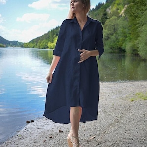 Maxi Linen Summer Dress, Blue Linen Dress, Boho Linen Dress, Asymmetric Linen Dress, Long Linen Shirt Dress, Summer Linen Shirt