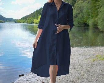 Abito estivo lungo in lino, abito in lino blu, abito in lino boho, abito in lino asimmetrico, abito lungo in lino, camicia estiva in lino