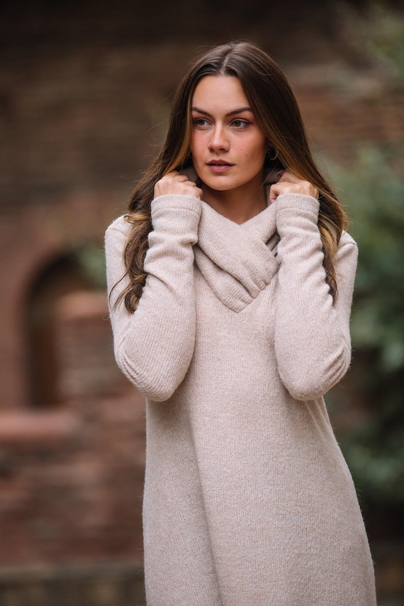 Beige Winter Knit Dress, Turtleneck Sweater Dress, Knit Sweater Dress for  Women, Winter Maxi Dress, Warm Winter Dress,plus Size Winter Dress