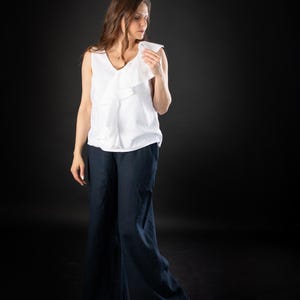 White Linen Top With Ruffle Detail, Feminine Linen Top, Plus Size Clothing, Women Linen Tunic, Sleeveless Linen Top, Elegant Top For Summer
