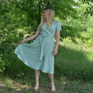 Bordeaux Linen Wrap Dress Summer Linen Dress For Women Organic Linen Wrap Dress Gift For Wife Short Sleeve Romantic Linen Dress image 3