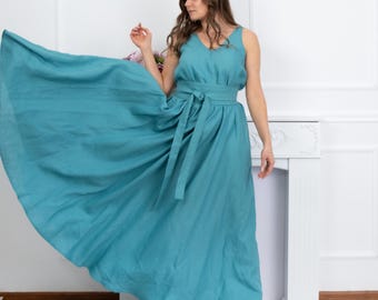 Linen Maxi Dress with Pockets, Blue Green Summer Dress, V Neck Linen Dress, Boho Dress with Obi Belt, Flowy Plus Size Clothing