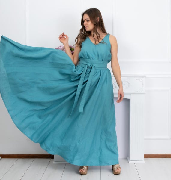 Linen Maxi Dress With Pockets, Blue Green Summer Dress, V Neck Linen Dress, Boho Dress With Obi Belt, Flowy Plus Size Clothing - Etsy Linen Maxi Dress With Pockets, Blue Green Summer Dress, V Neck Linen Dress, Boho Dress With Obi Belt, Flowy Plus Size Clothing - Etsy