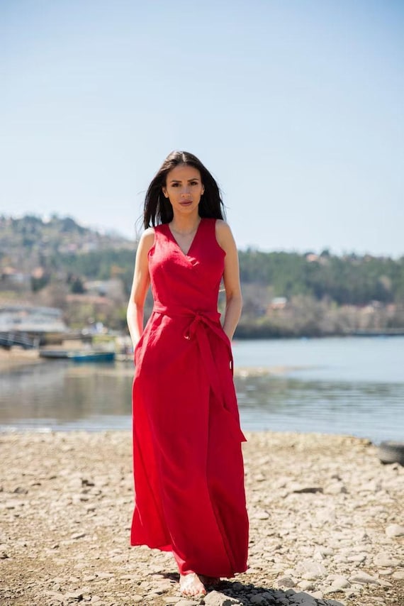 Maxi Linen Dress, Red Linen Wrap Dress, Washed Linen Dress, Wedding Linen  Dress, Sleeveless Wrap Linen Dress, Linen Dresses for Women - Etsy
