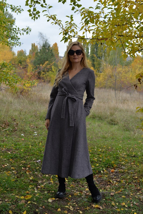 Grey Wool Dress Maxi Wool Dress Long Sleeves Dress Plus Size Dress Long Wrap Winter Dress Romantic Christmas Dress Etsy