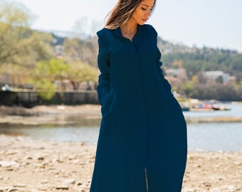 Linen Shirt Dress • Long Sleeves Shirt Dress • Plus Size Clothing • Relaxed Dress • Dark Blue Linen Fall Dress • Maxi Linen Dress