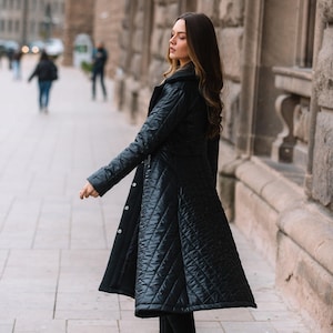 Black Puffer Coat, Warm Coat With Lapel Collar, Long Puffer Jacket For Woman, Quilted Warm Coat, Lapel Jacket, Hooded Puffer Coat